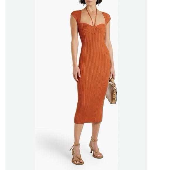 Jonathan Simkhai Florence Ribbed Midi Dress in Brown - Picture 1 of 10